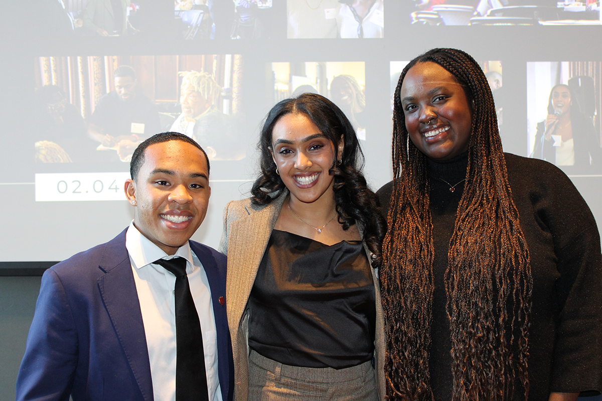 "At the Second Annual Black Conference on February 4, 2024, the Organization of Black Student Action Chairs Elijah Jenkins, Arsima Araya, and Alyssa Manthi.