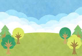 Graphic with blue sky, green grass and several trees.